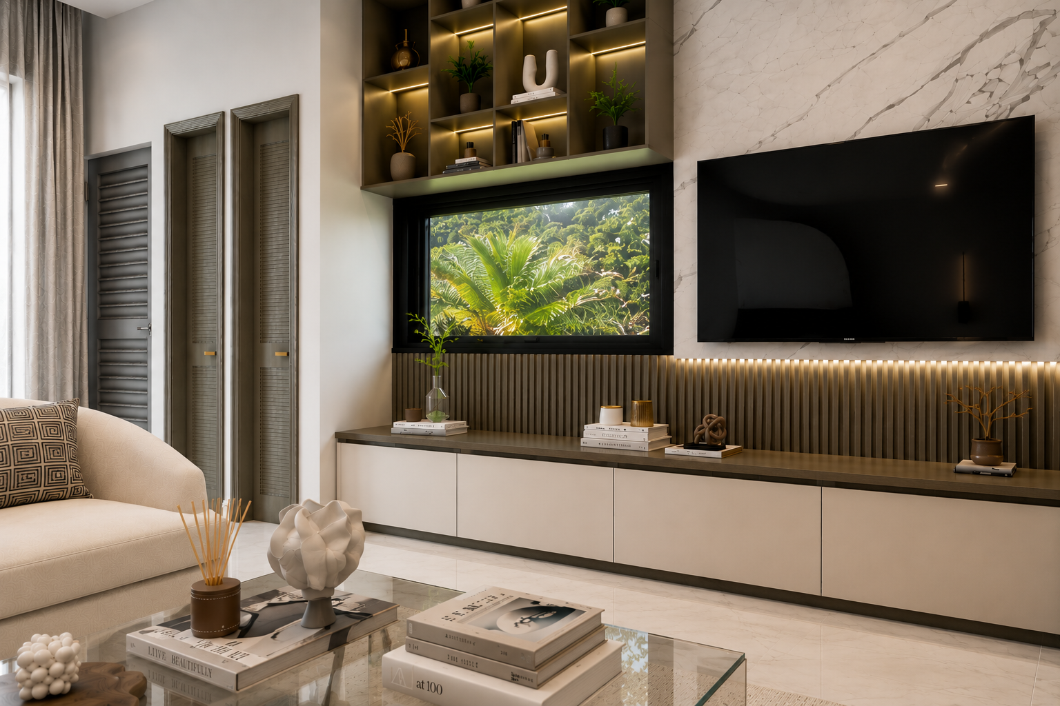 The Summit penthouse open-plan living and kitchen, side view